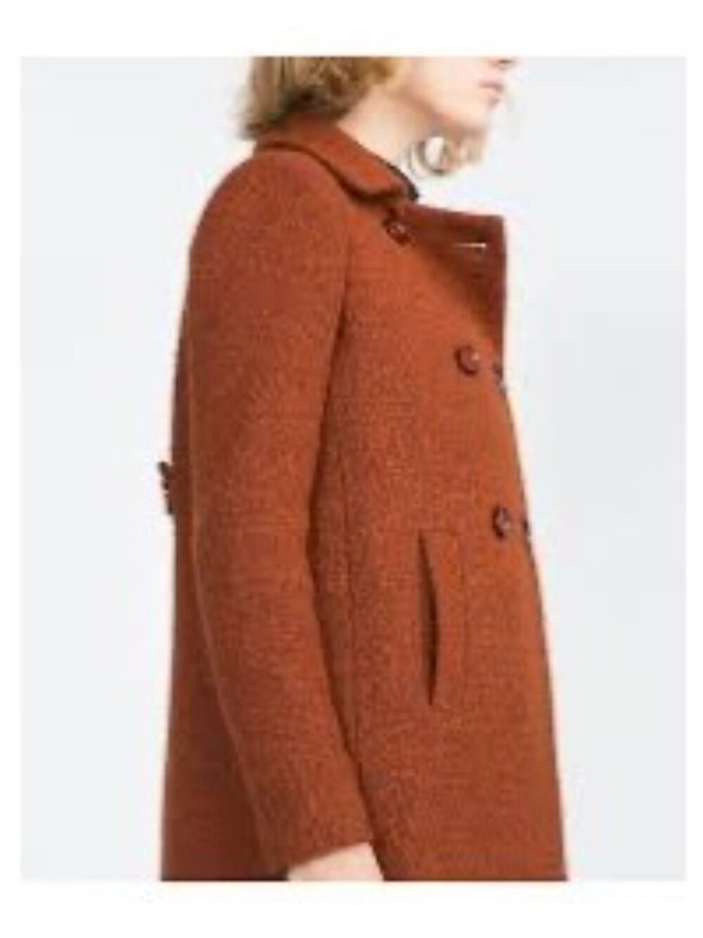 Zara Outerwear Brown Double Breasted Boucle Coat Pockets Size L Jacket Peacoat - Picture 5 of 16